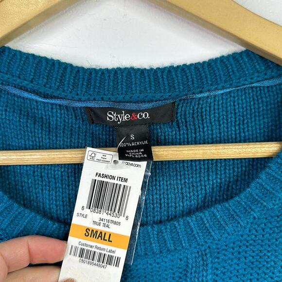 STYLE & CO. Teal Cable-Knit Scoop Neck Long Sleeve Tunic Sweater Top Size Small - Picture 7 of 9